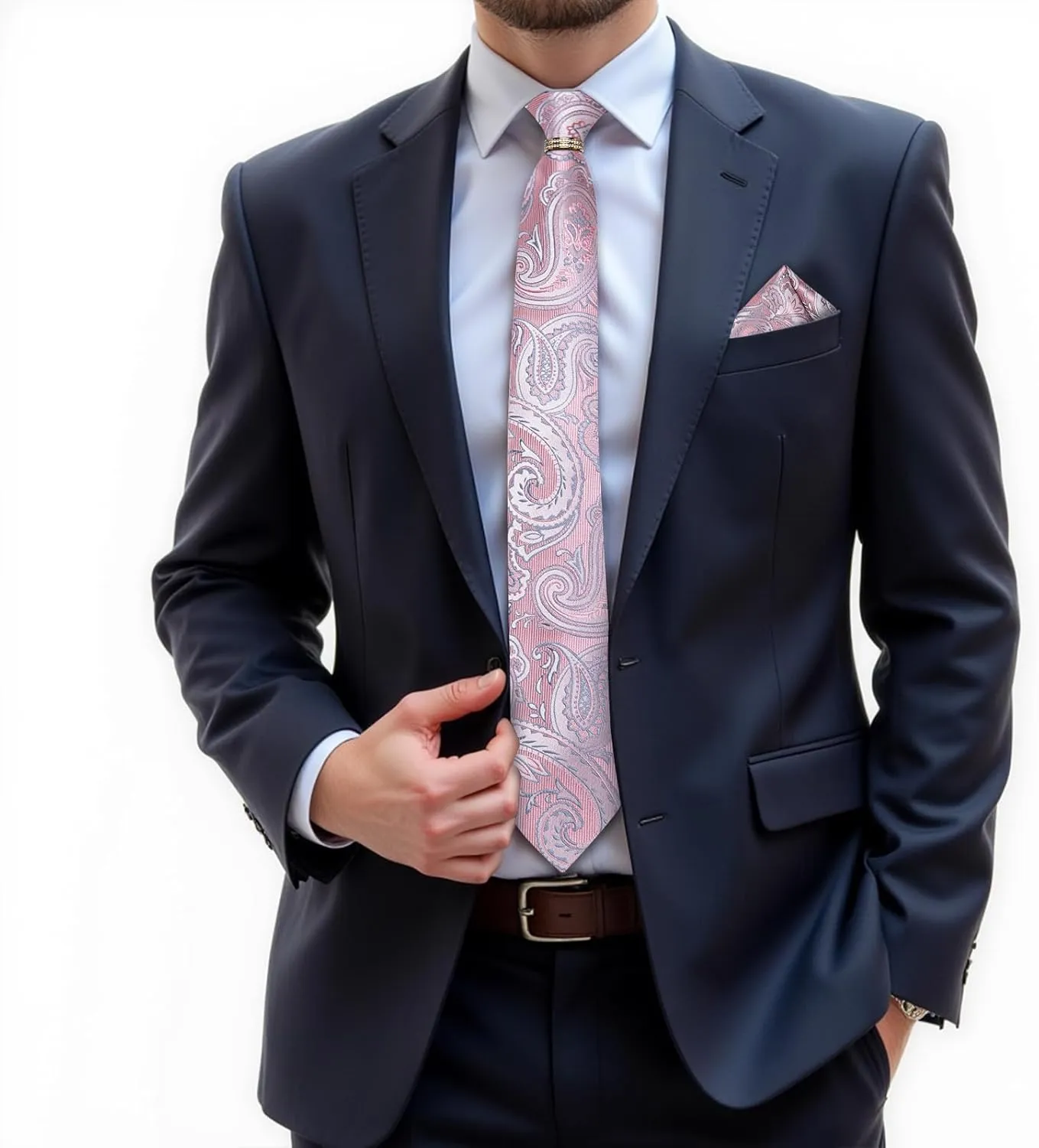 DiBanGu Mens Tie Set Silk Necktie and Gold Tie Ring Pocket Square Cufflinks Formal Business Wedding Ties with Gift Box