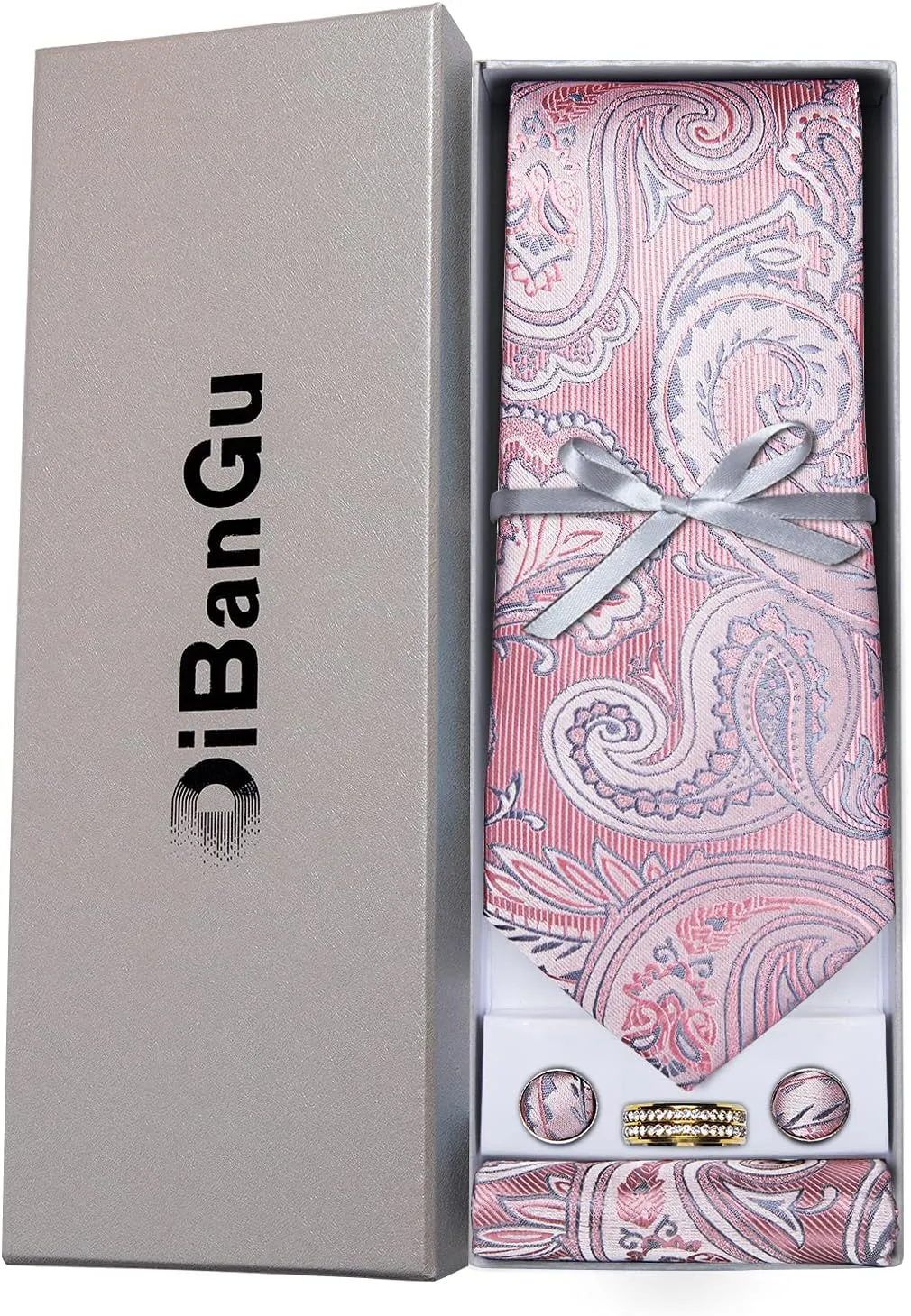 DiBanGu Mens Tie Set Silk Necktie and Gold Tie Ring Pocket Square Cufflinks Formal Business Wedding Ties with Gift Box
