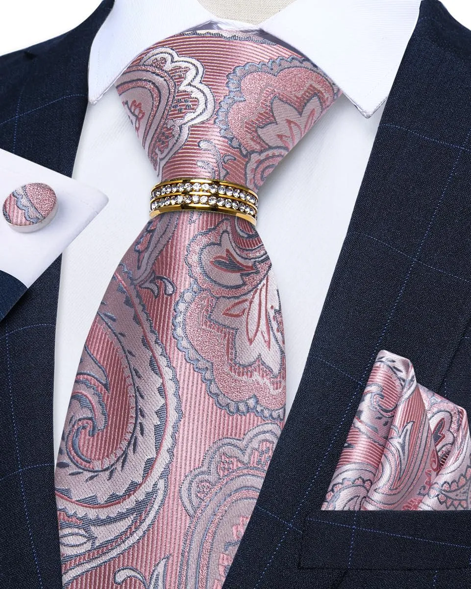 DiBanGu Mens Tie Set Silk Necktie and Gold Tie Ring Pocket Square Cufflinks Formal Business Wedding Ties with Gift Box