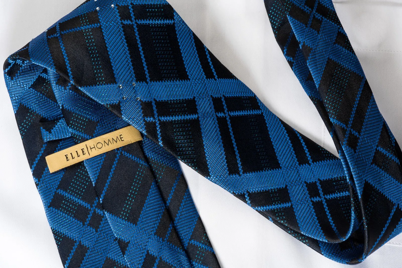 Elle Homme Rhinestone Silk Necktie Checkered On Blue With Blue Silver Sparkles