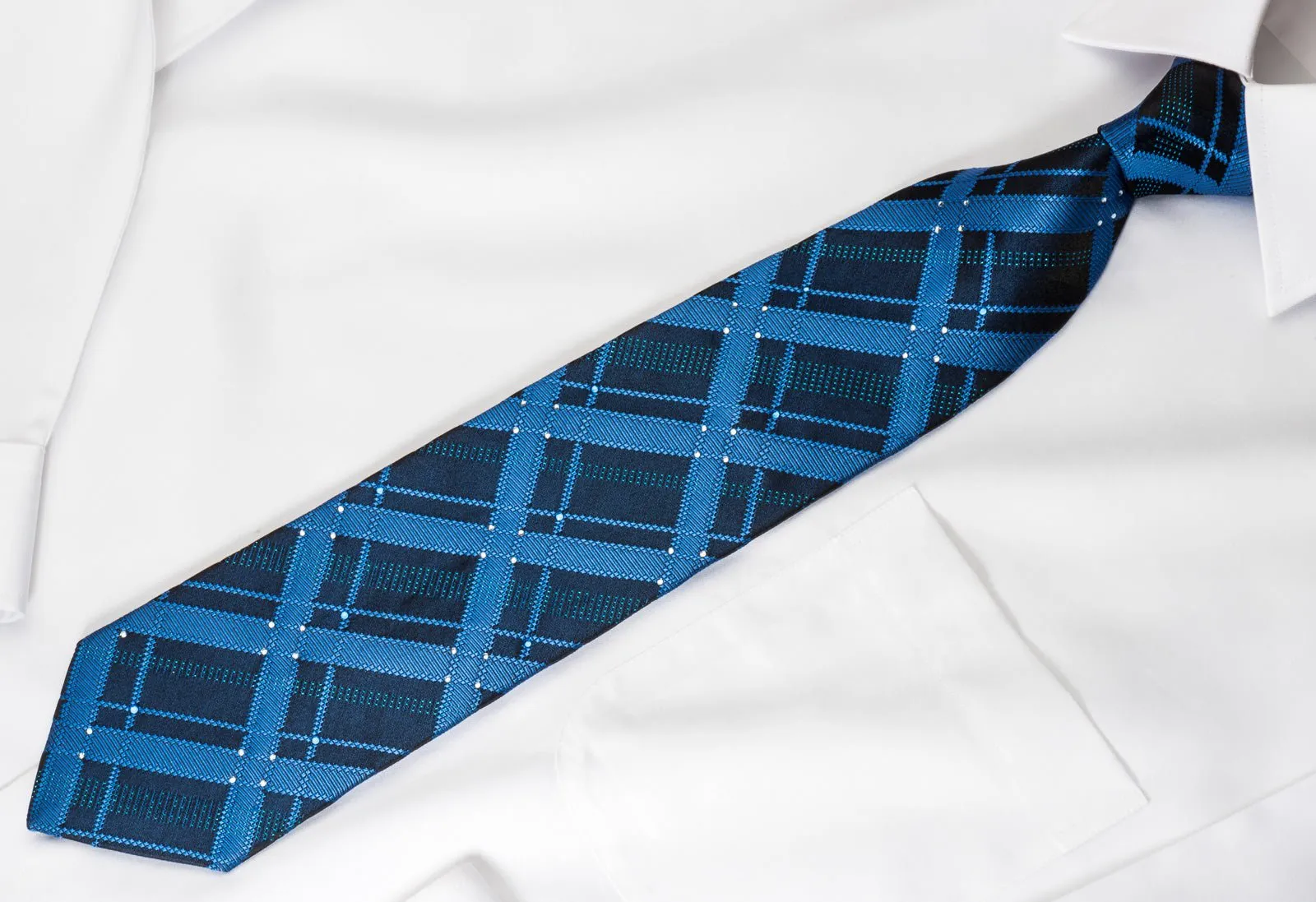 Elle Homme Rhinestone Silk Necktie Checkered On Blue With Blue Silver Sparkles