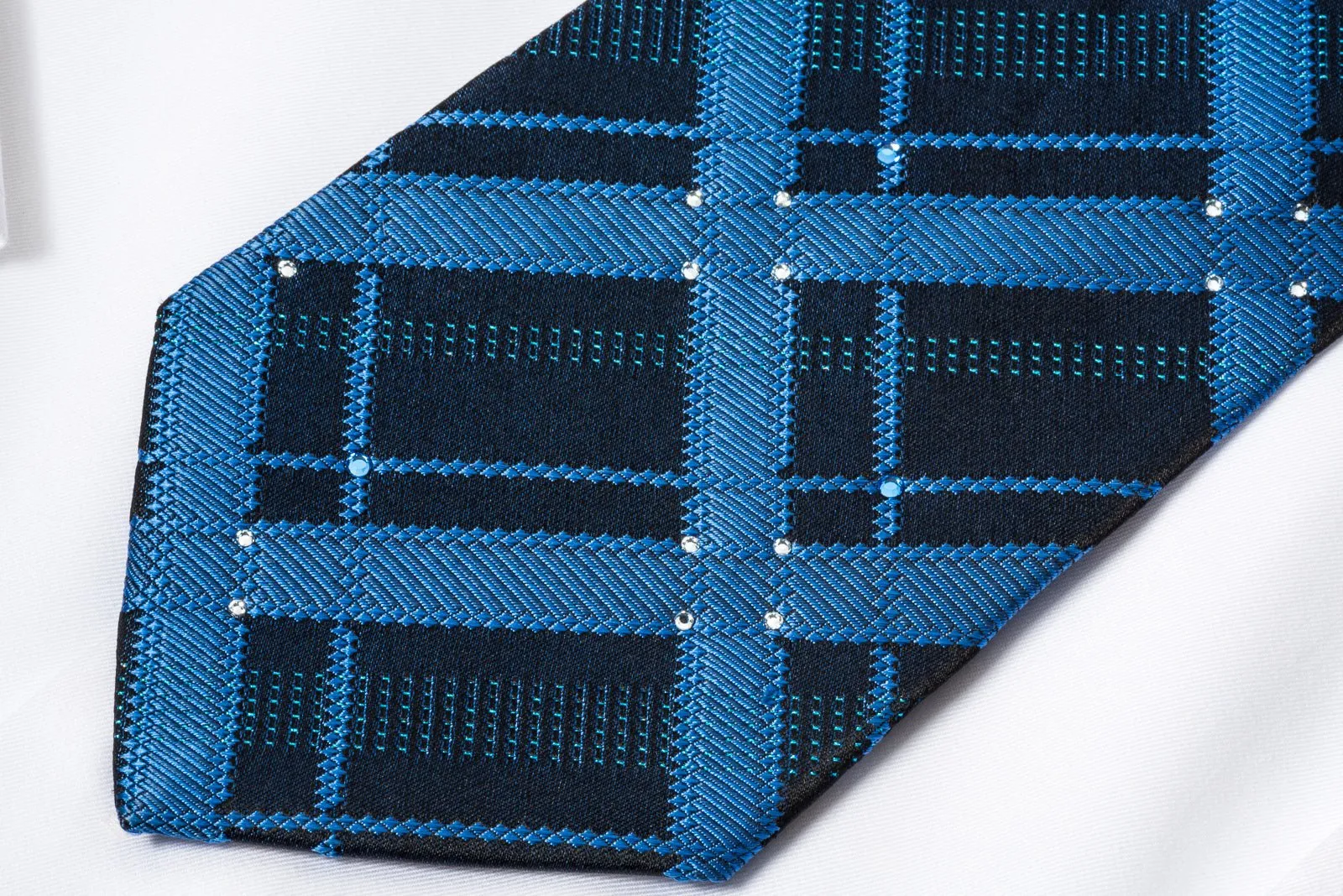 Elle Homme Rhinestone Silk Necktie Checkered On Blue With Blue Silver Sparkles