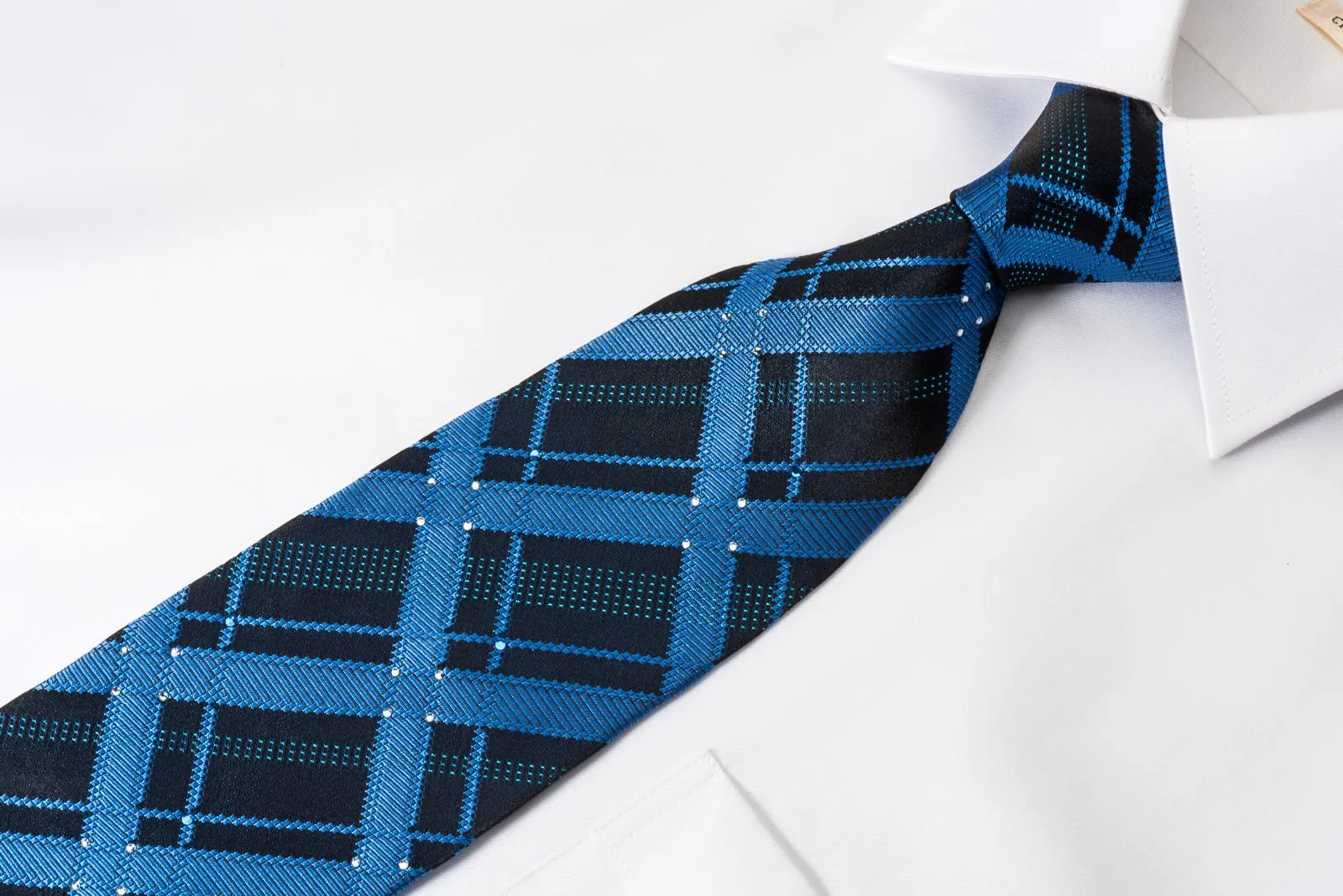 Elle Homme Rhinestone Silk Necktie Checkered On Blue With Blue Silver Sparkles