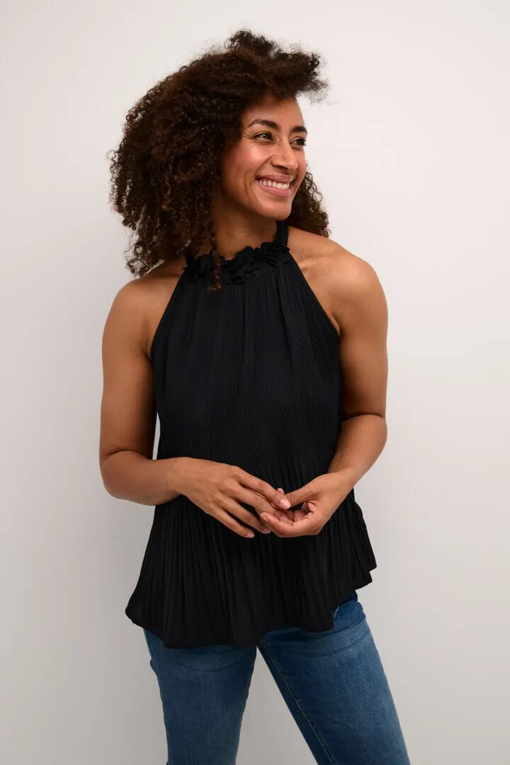 FLORAL HALTER NECK BLACK TOP