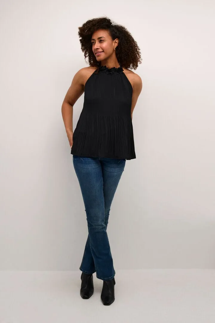 FLORAL HALTER NECK BLACK TOP