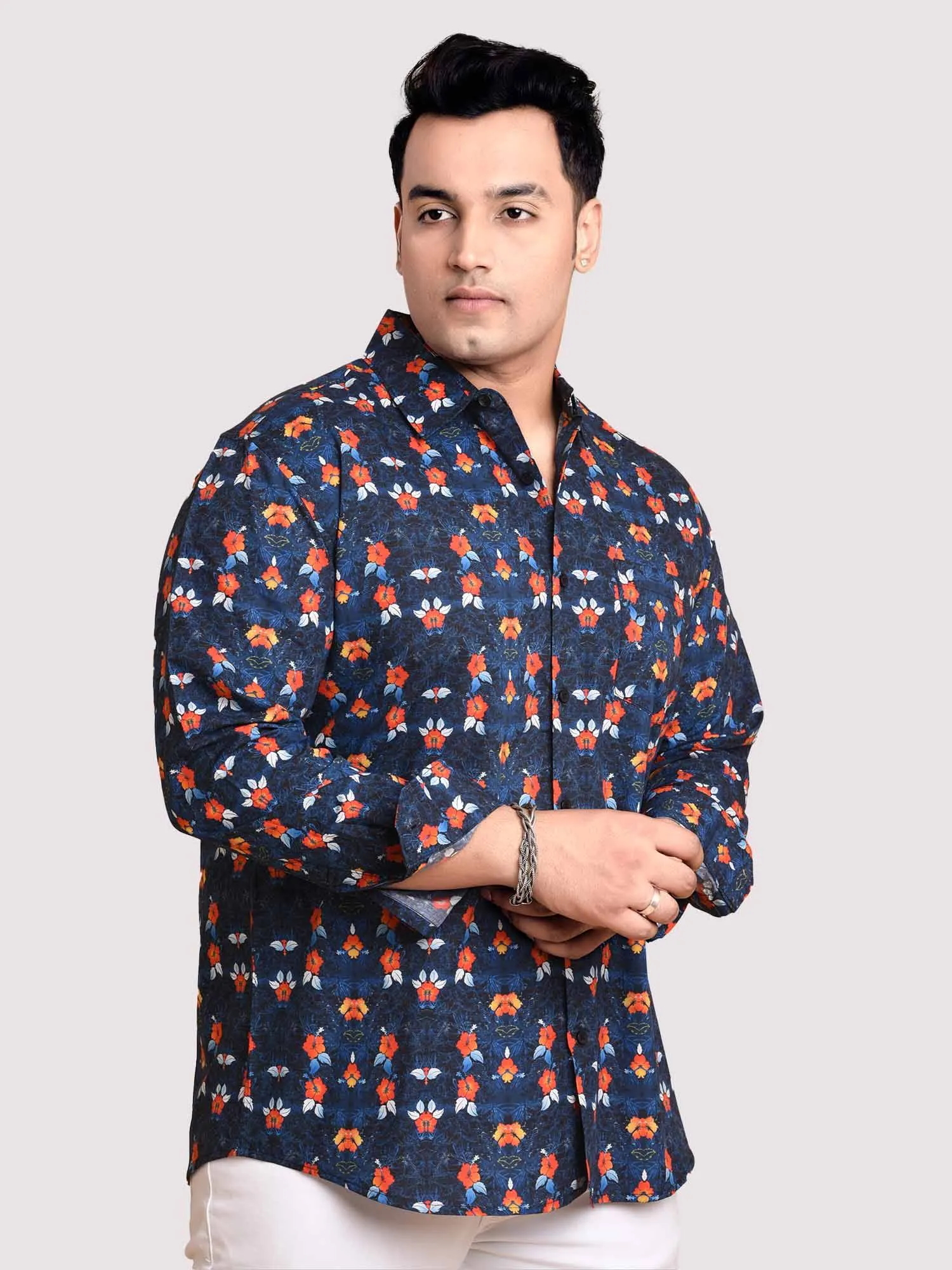 Flower On Navy Printed Cotton Full sleeve Men's Plus size