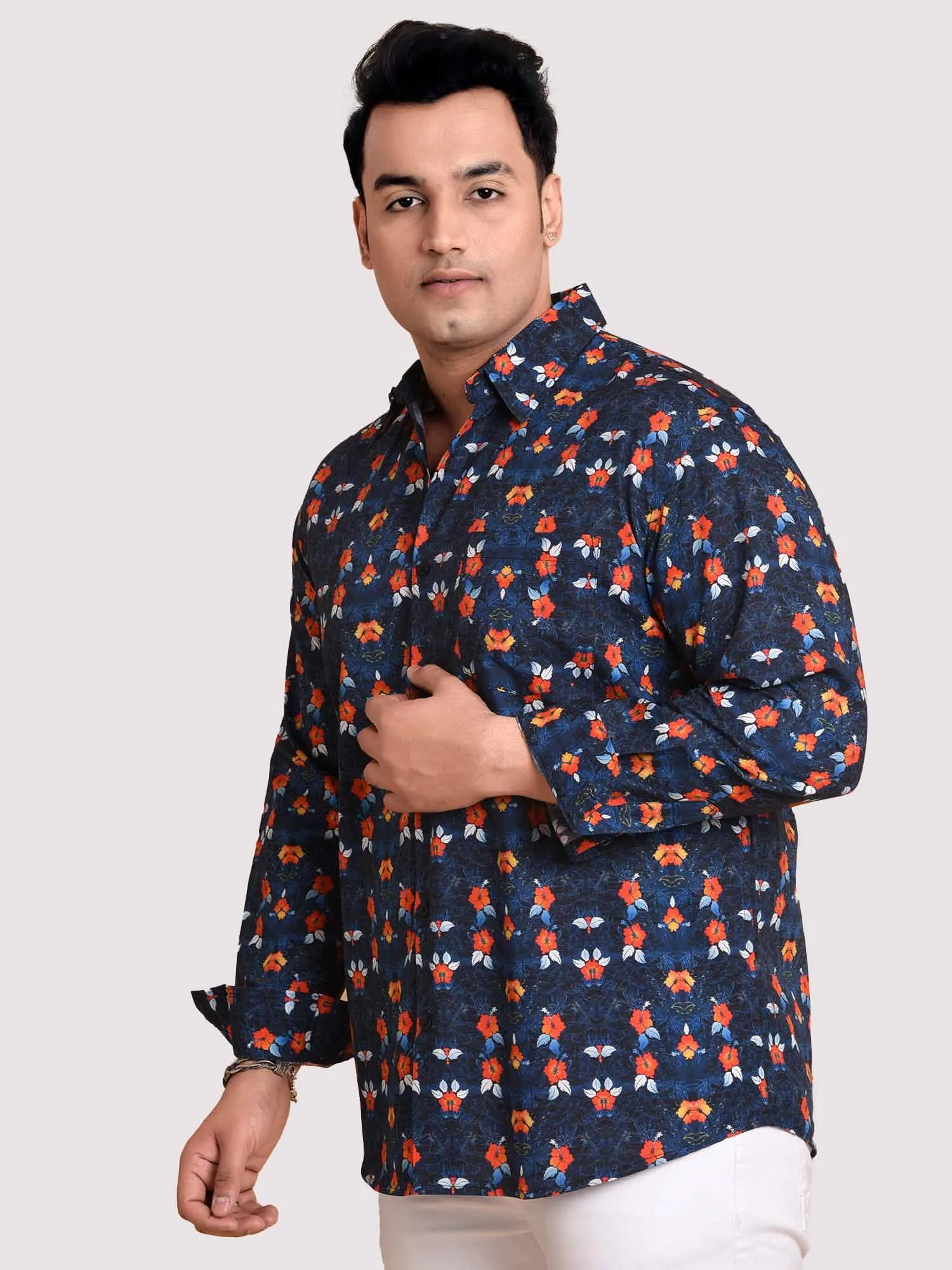 Flower On Navy Printed Cotton Full sleeve Men's Plus size