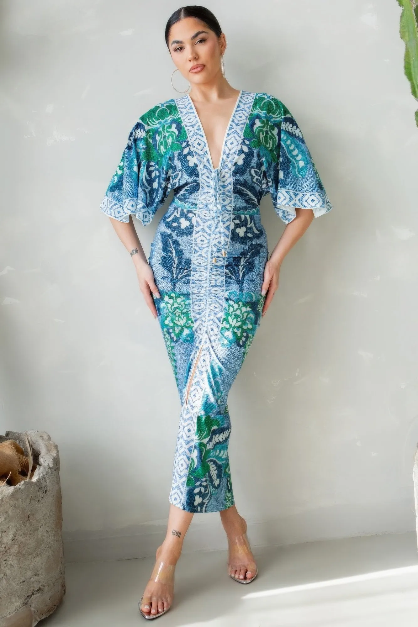 Front Ruched V-Neck Dress