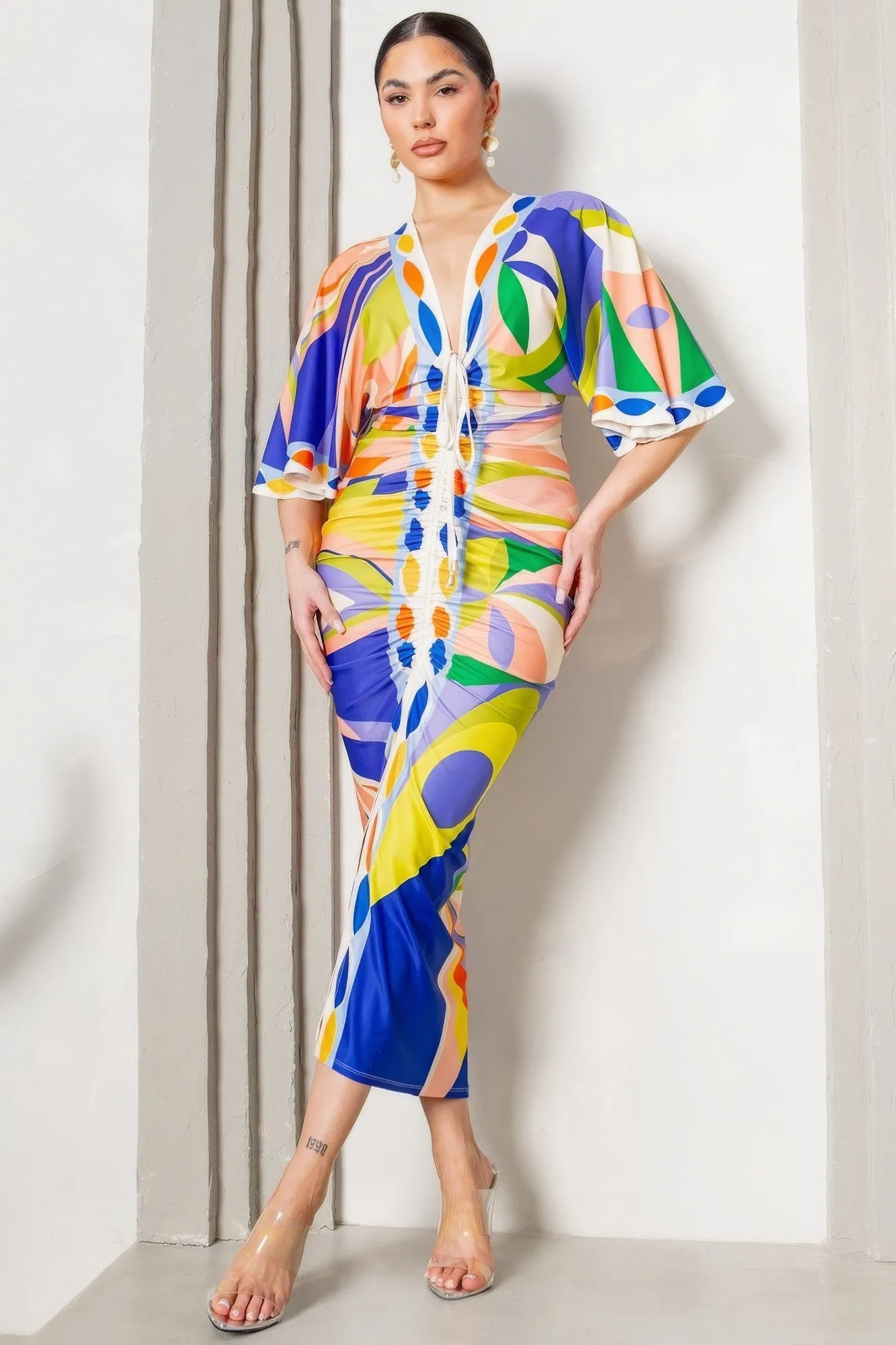 Front Ruched V-Neck Dress