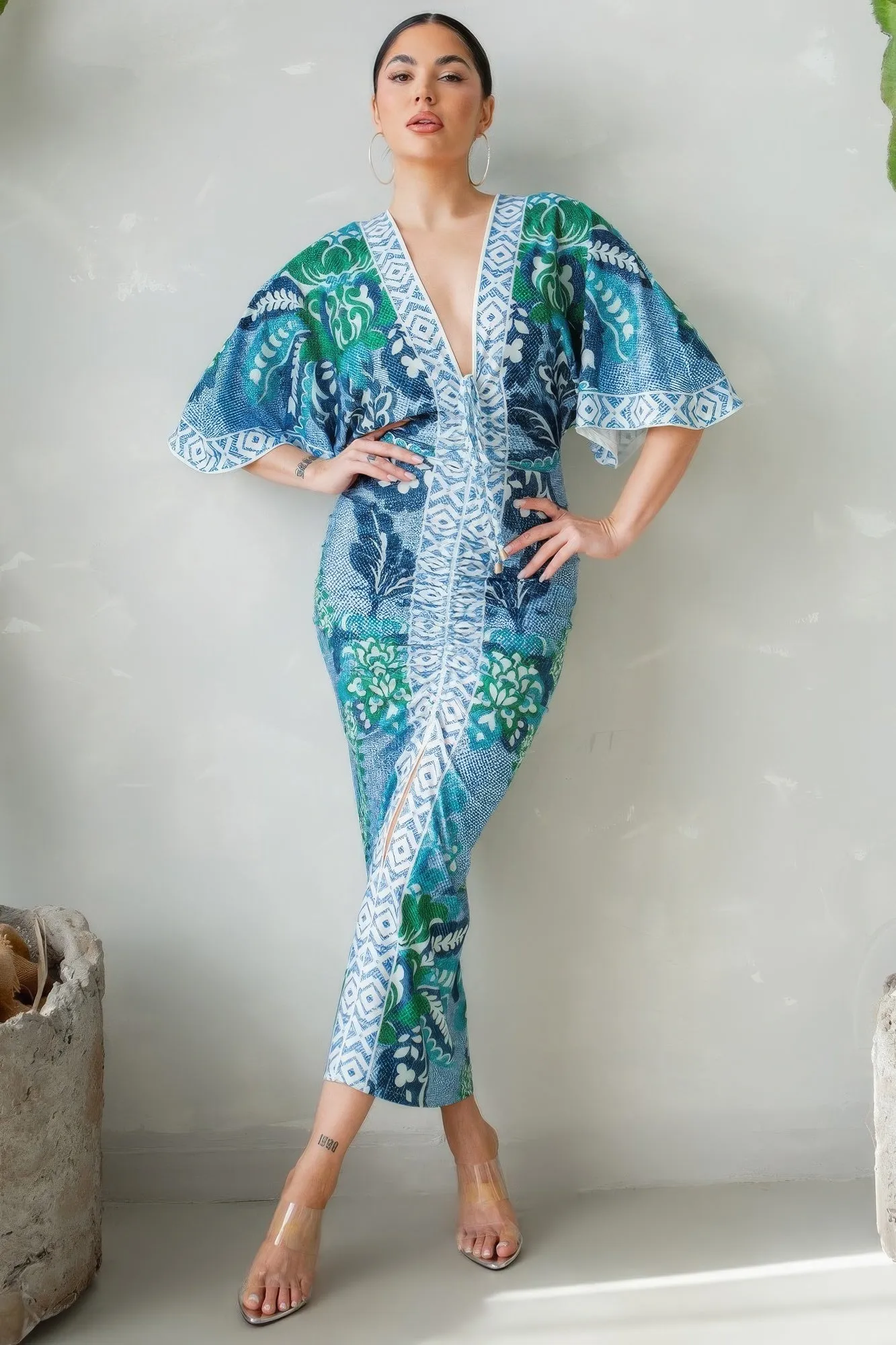 Front Ruched V-Neck Dress