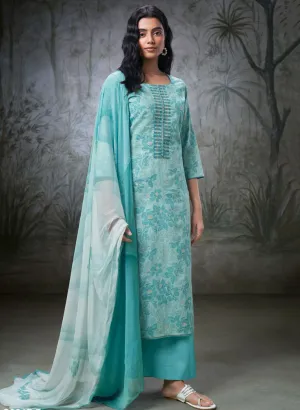 Ganga Blue Pure Cotton Unstitched Suit Material for Women