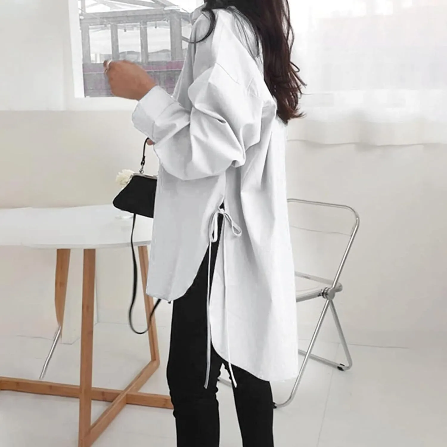 Generic Womens Long Sleeve Blouses Fashion Casual Solid/Printed Blouses & Button-Down Shirts Lapel Loose Type Womens Tops