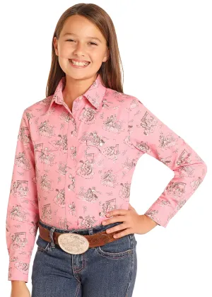 Girl's Panhandle Pink Bronc Print Snap Shirt
