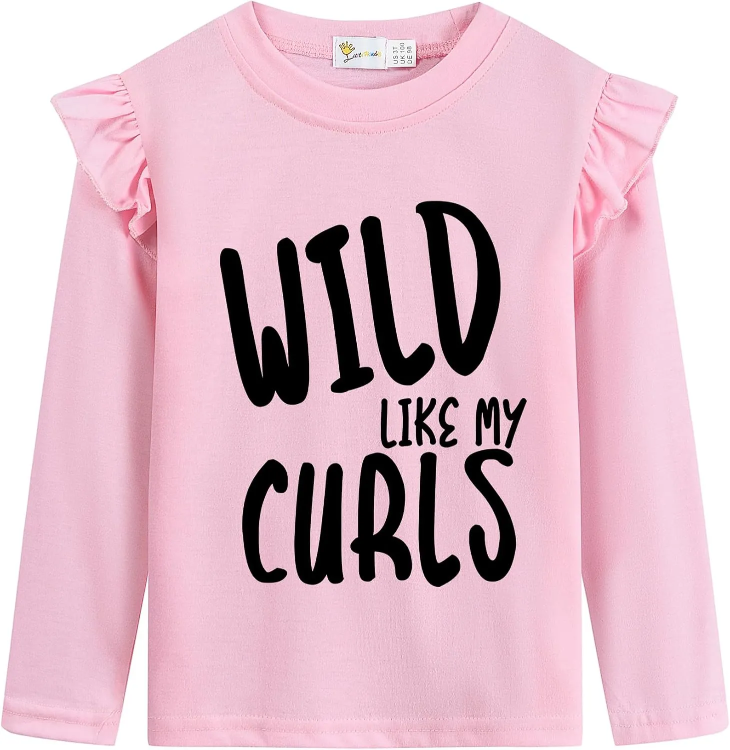 Girls Ruffle Long Sleeve Shirts Soft Crewneck Cute Butterfly Shirt Wild Like My Curls T-Shirts Pink Cotton Tee 2-7 Years