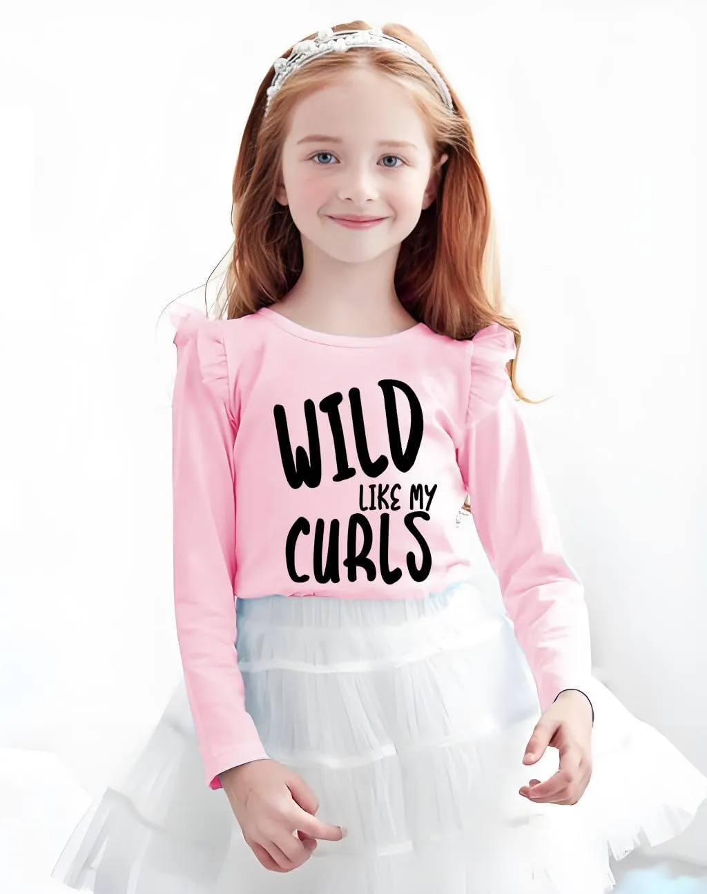 Girls Ruffle Long Sleeve Shirts Soft Crewneck Cute Butterfly Shirt Wild Like My Curls T-Shirts Pink Cotton Tee 2-7 Years