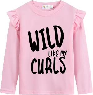 Girls Ruffle Long Sleeve Shirts Soft Crewneck Cute Butterfly Shirt Wild Like My Curls T-Shirts Pink Cotton Tee 2-7 Years