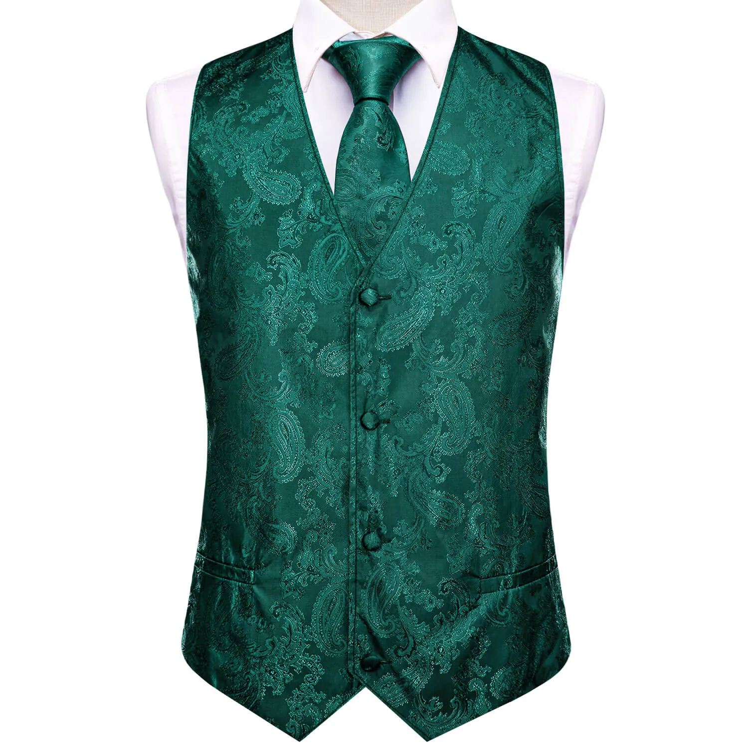 Hi-Tie Waistcoat Dark Green Jacquard Paisley Mens Vest and Tie Set