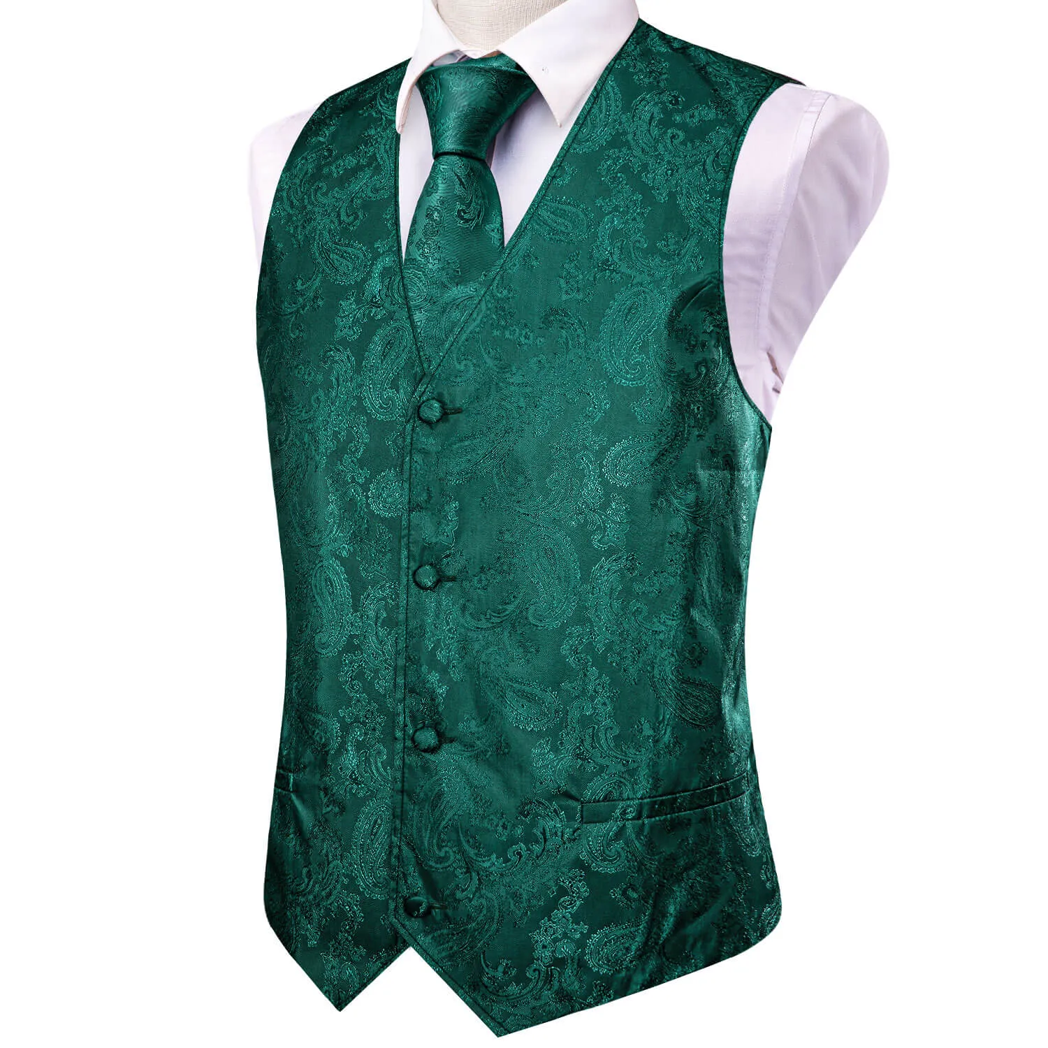 Hi-Tie Waistcoat Dark Green Jacquard Paisley Mens Vest and Tie Set