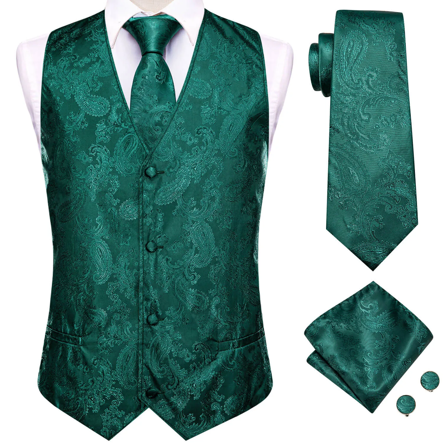 Hi-Tie Waistcoat Dark Green Jacquard Paisley Mens Vest and Tie Set