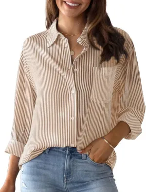IBAOTORONI Women's Striped Button Down Shirts: Long Sleeve Office Casual Business Blouses with Pocket