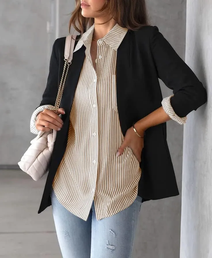 IBAOTORONI Women's Striped Button Down Shirts: Long Sleeve Office Casual Business Blouses with Pocket