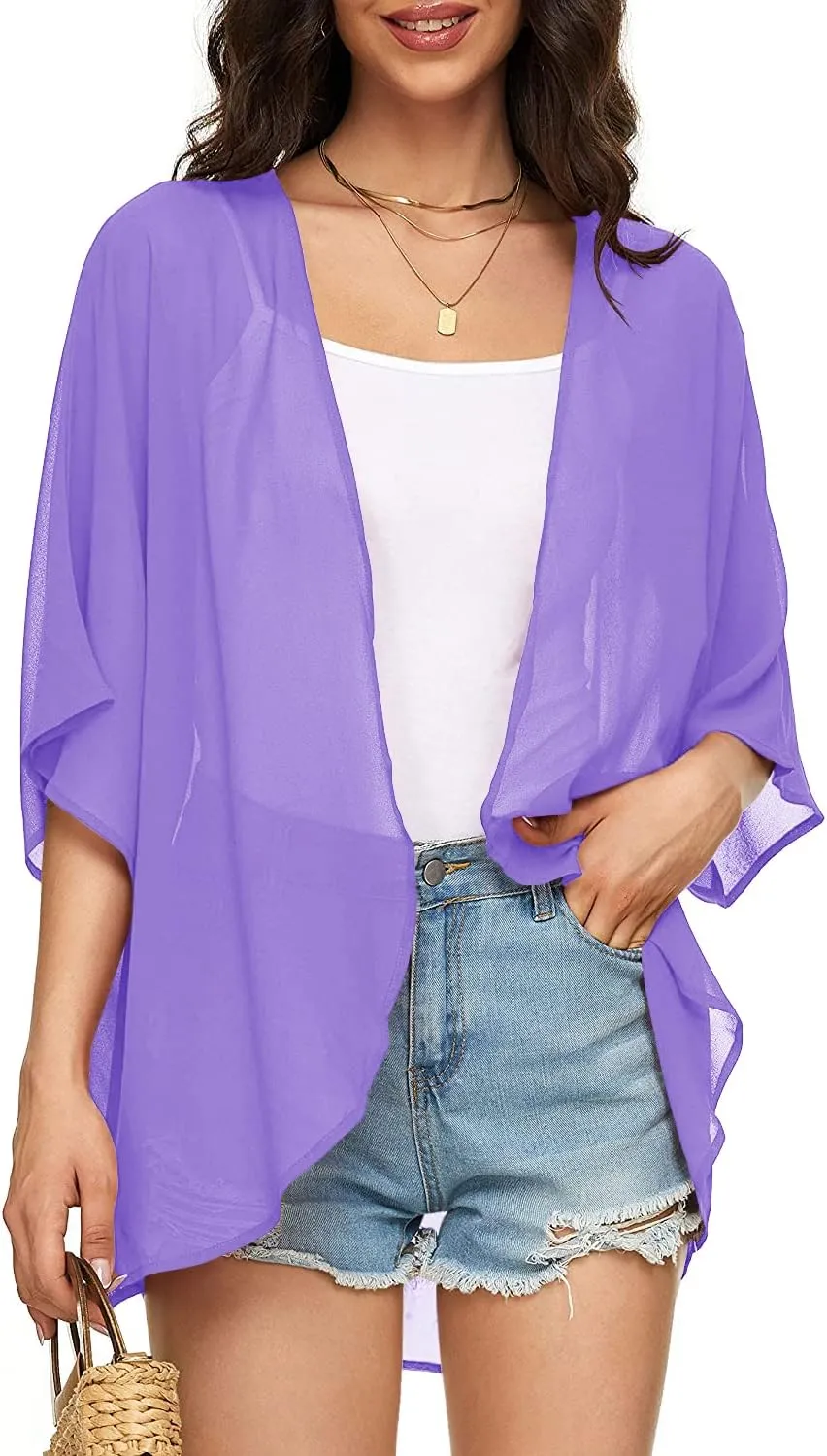 Indian Trendy Women's Solid Puff Sleeve Kimono Cardigan Loose Cover Up Casual Blouse Top Chiffon