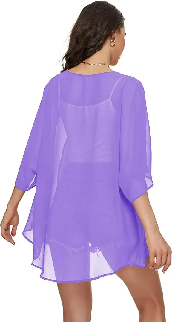 Indian Trendy Women's Solid Puff Sleeve Kimono Cardigan Loose Cover Up Casual Blouse Top Chiffon