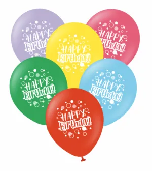 Kalisan 12" Happy Birthday Bubbles Printed Color Mix Latex Balloon, 25 pieces