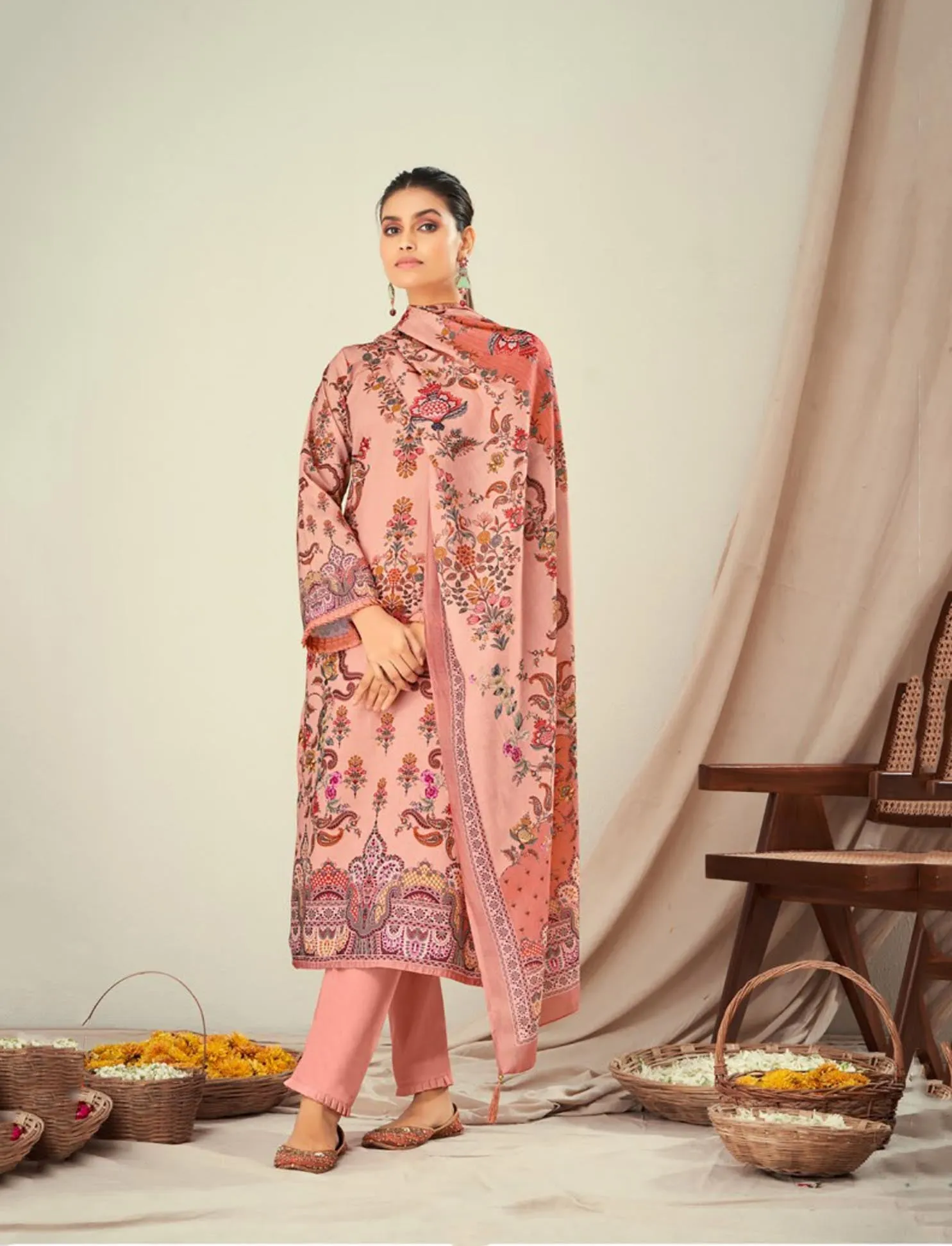 Kesar Lawn Cotton Unstitched Pakistani Print Suit Peach