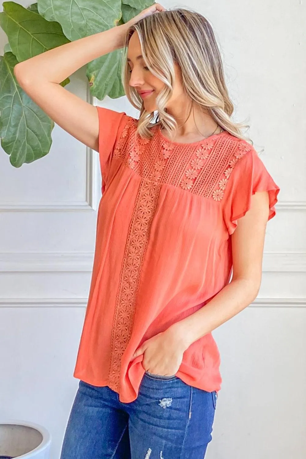 Lace Detail Ruffle Short Sleeve Blouse