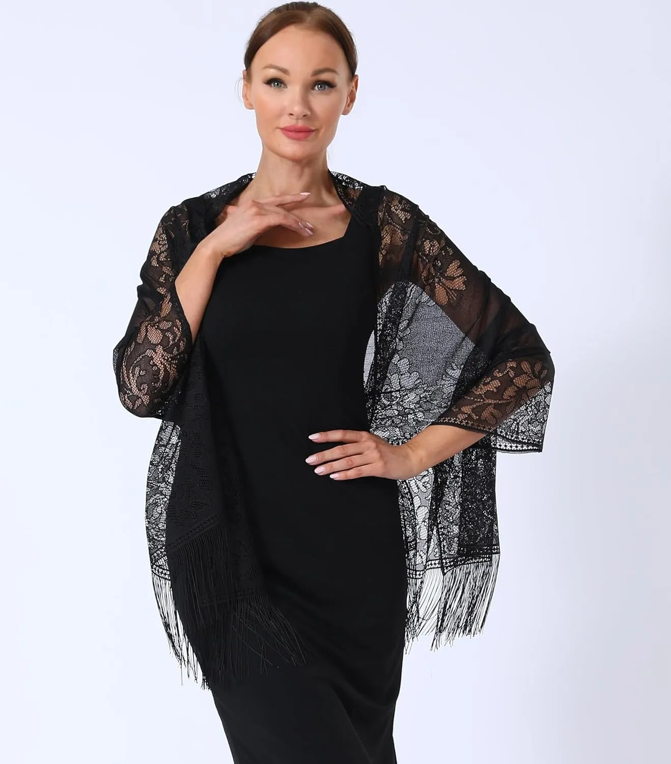 Lace Elegant Evening Shawls and Wraps, with Fringe, 1920s Formal Wedding Accessory