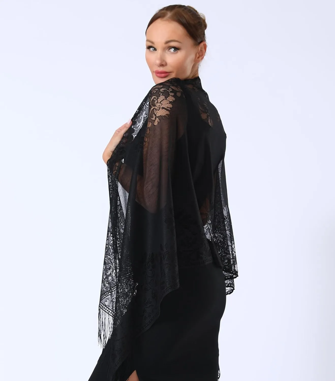 Lace Elegant Evening Shawls and Wraps, with Fringe, 1920s Formal Wedding Accessory