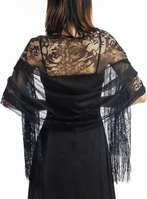 Lace Elegant Evening Shawls and Wraps, with Fringe, 1920s Formal Wedding Accessory