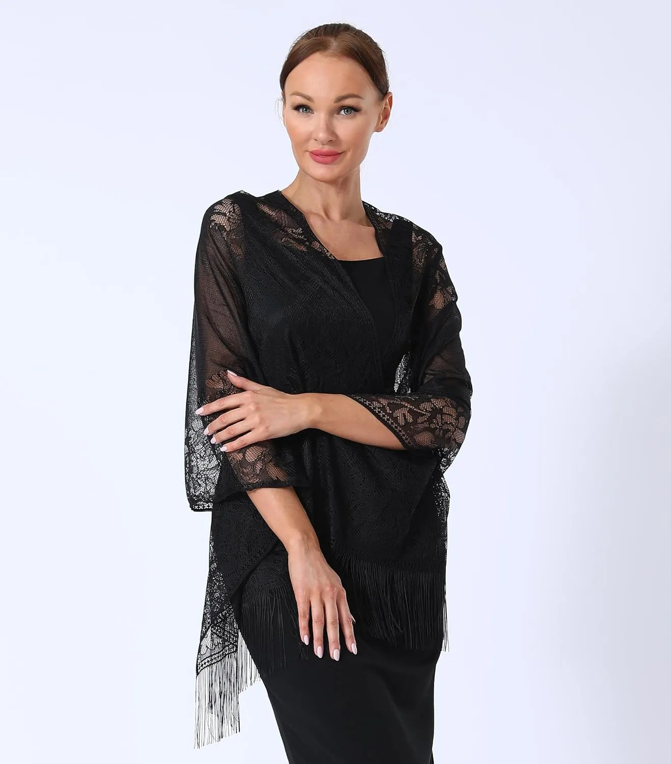 Lace Elegant Evening Shawls and Wraps, with Fringe, 1920s Formal Wedding Accessory