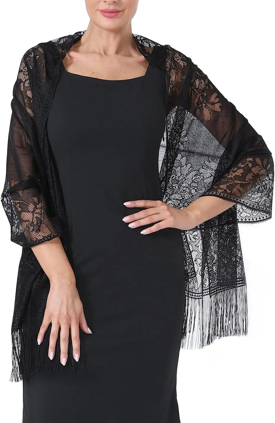 Lace Elegant Evening Shawls and Wraps, with Fringe, 1920s Formal Wedding Accessory