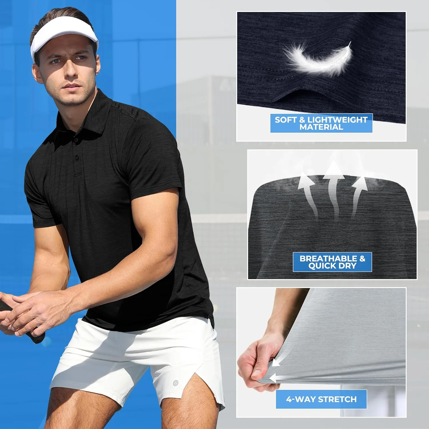 LalaHooK 3 Pack Polo Shirts for Men - Quick Dry Moisture Wicking Performance Golf Shirts Black Short Sleeve for Work Athletic