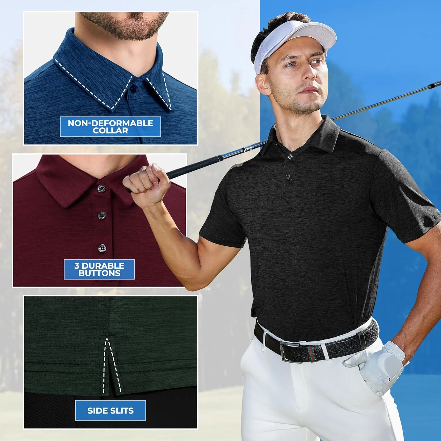 LalaHooK 3 Pack Polo Shirts for Men - Quick Dry Moisture Wicking Performance Golf Shirts Black Short Sleeve for Work Athletic