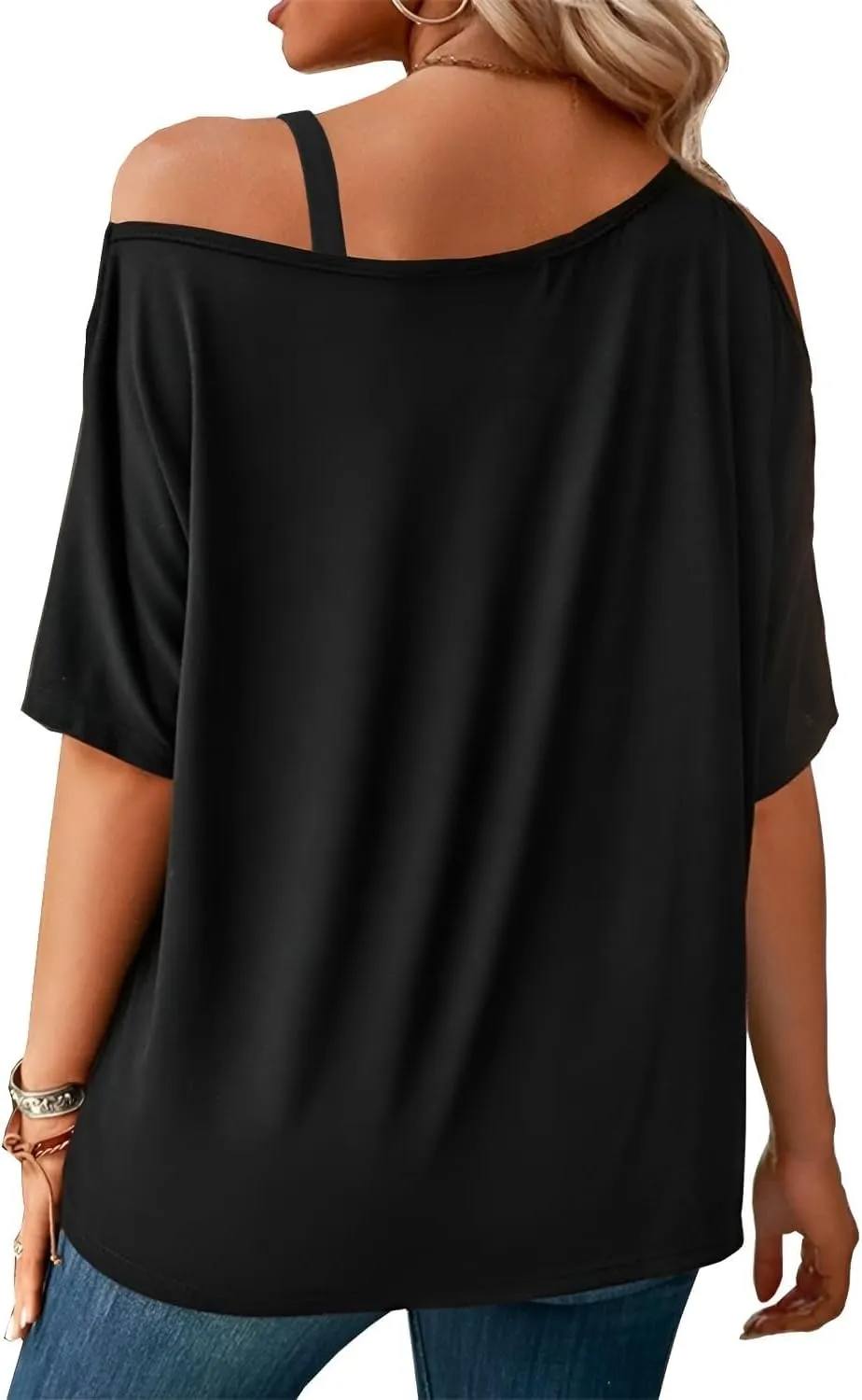 LEIYEE Womens Summer Black Cold Off Shoulder Tops 2025 Sexy Casual Cute Short Sleeve Loose Fit T Shirts Blouse