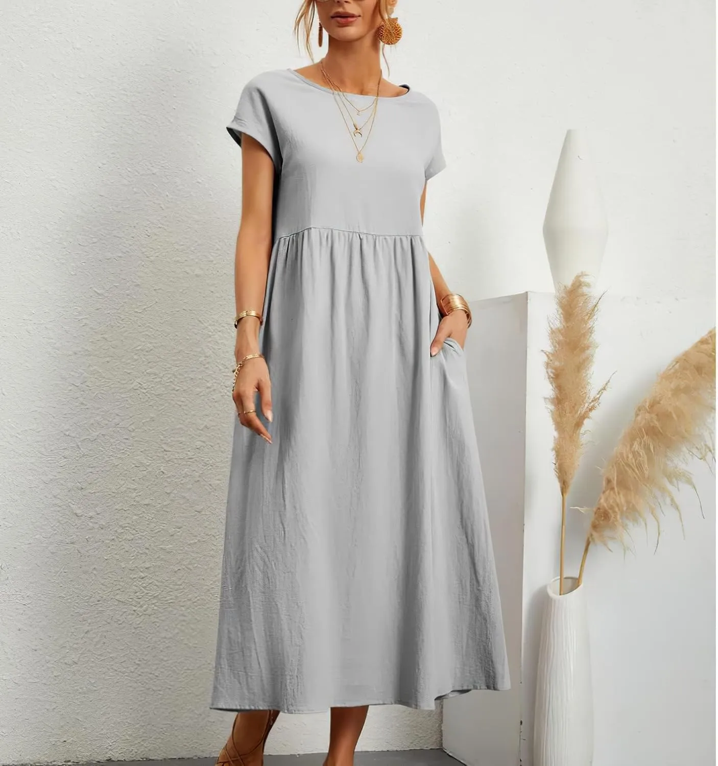 Linen Dress for Women Summer Trendy Short Sleeve Crewneck Maxi Dress Cotton Beach Dress with Pockets S-XXL