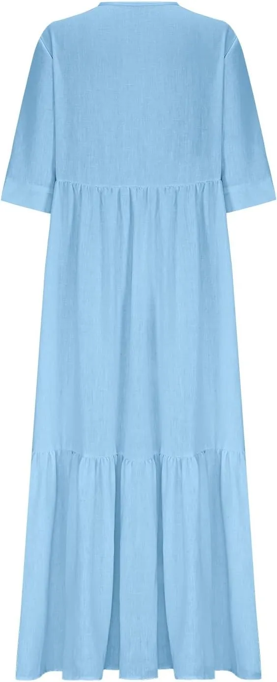 Linen Dresses for Women 2025 Trendy V Neck Front Tie Flowy Maxi Dress Elegant 3/4 Sleeves Solid Color Long Sundress