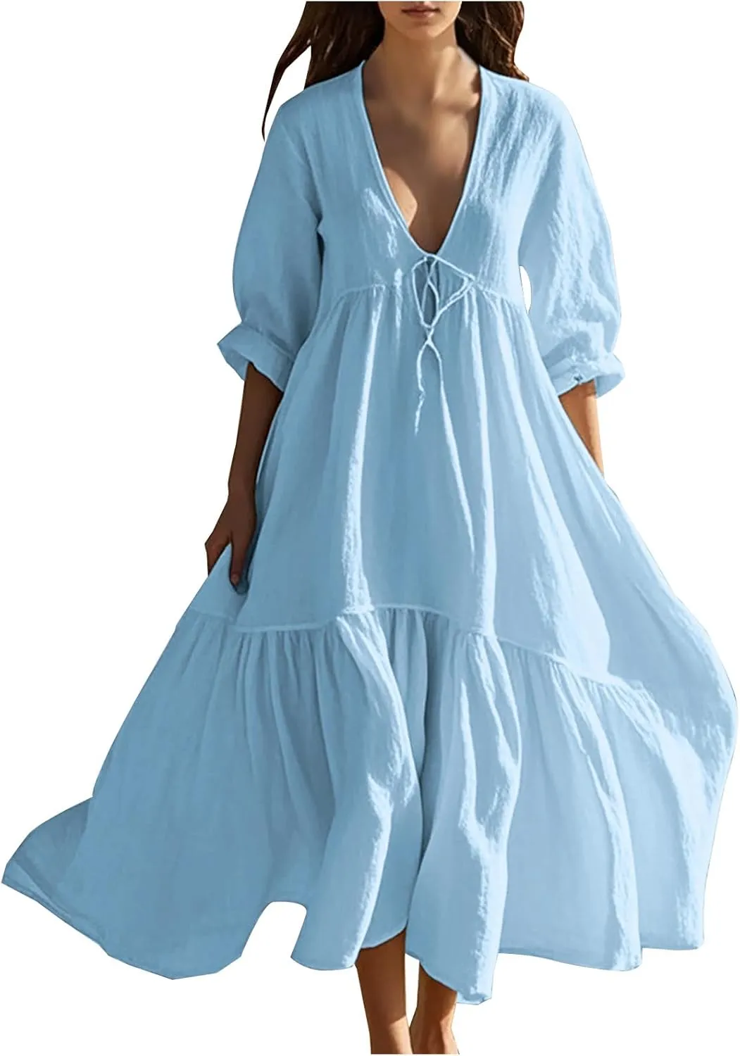 Linen Dresses for Women 2025 Trendy V Neck Front Tie Flowy Maxi Dress Elegant 3/4 Sleeves Solid Color Long Sundress