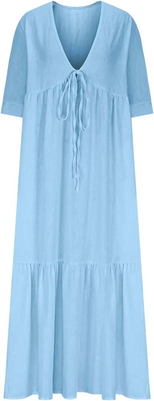 Linen Dresses for Women 2025 Trendy V Neck Front Tie Flowy Maxi Dress Elegant 3/4 Sleeves Solid Color Long Sundress