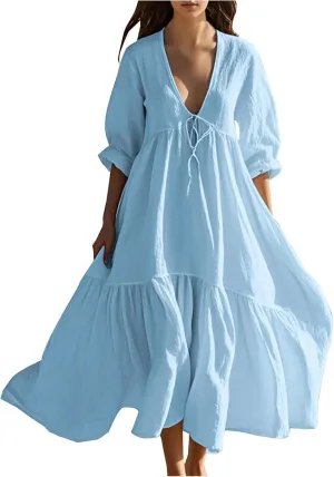Linen Dresses for Women 2025 Trendy V Neck Front Tie Flowy Maxi Dress Elegant 3/4 Sleeves Solid Color Long Sundress