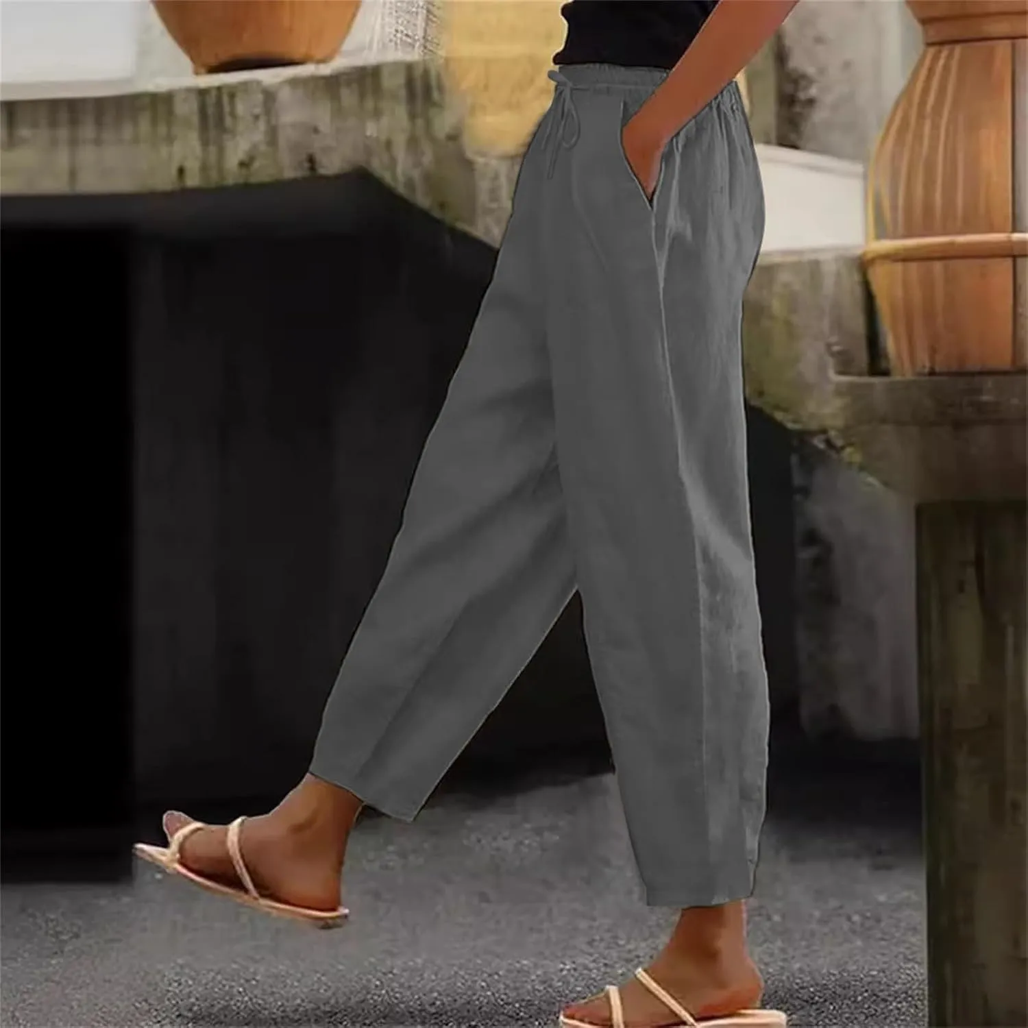 Linen Pants Women Petite 2025 Summer Elastic Drawstring Casual Trouser Lightweight Soft Beach Lounge Pant with Pocket