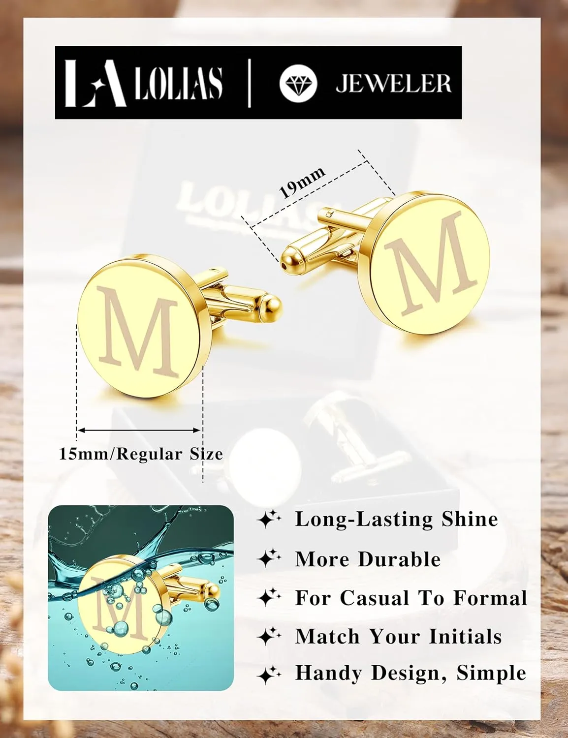 LOLIAS 1 Pair Cuff Links Mens Accessories Jewelry Classic Initial Cufflinks with Gift Box Silver Black Gold Cufflinks