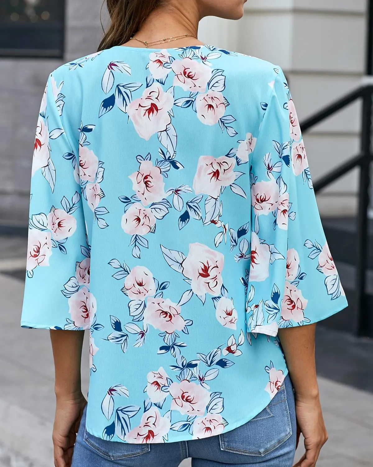 luvamia Women's V Neck Tops 3/4 Sleeve Tie Knot Floral Blouses Button Down Shirts