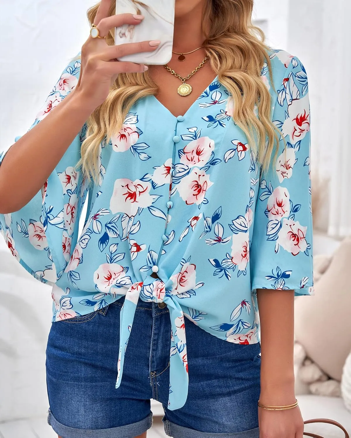 luvamia Women's V Neck Tops 3/4 Sleeve Tie Knot Floral Blouses Button Down Shirts
