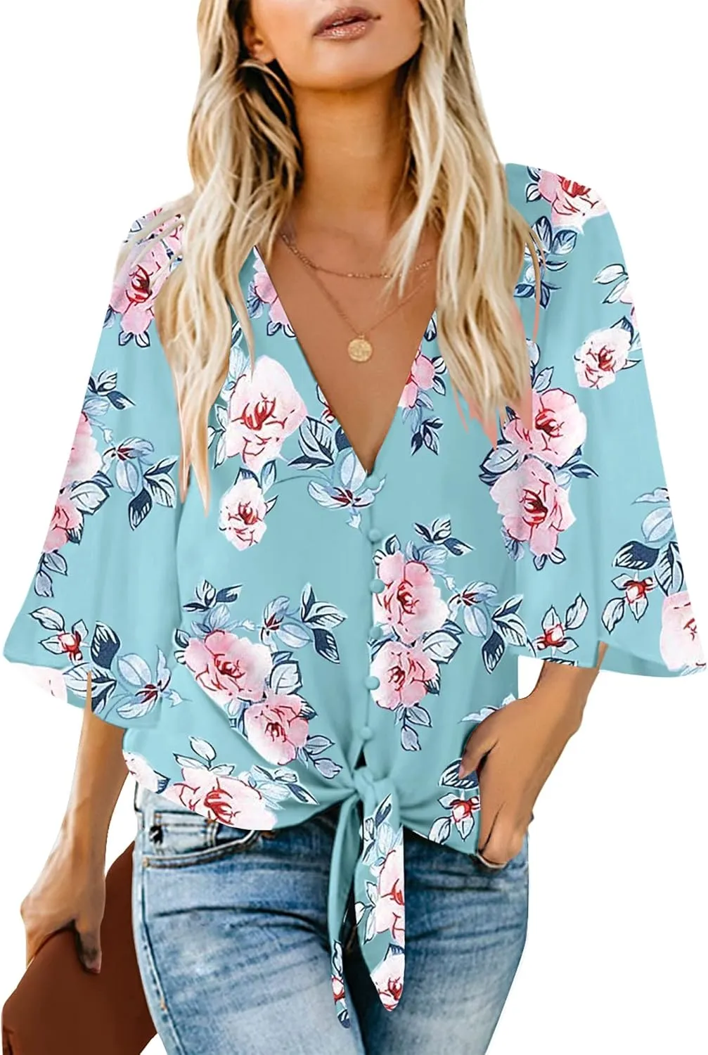 luvamia Women's V Neck Tops 3/4 Sleeve Tie Knot Floral Blouses Button Down Shirts