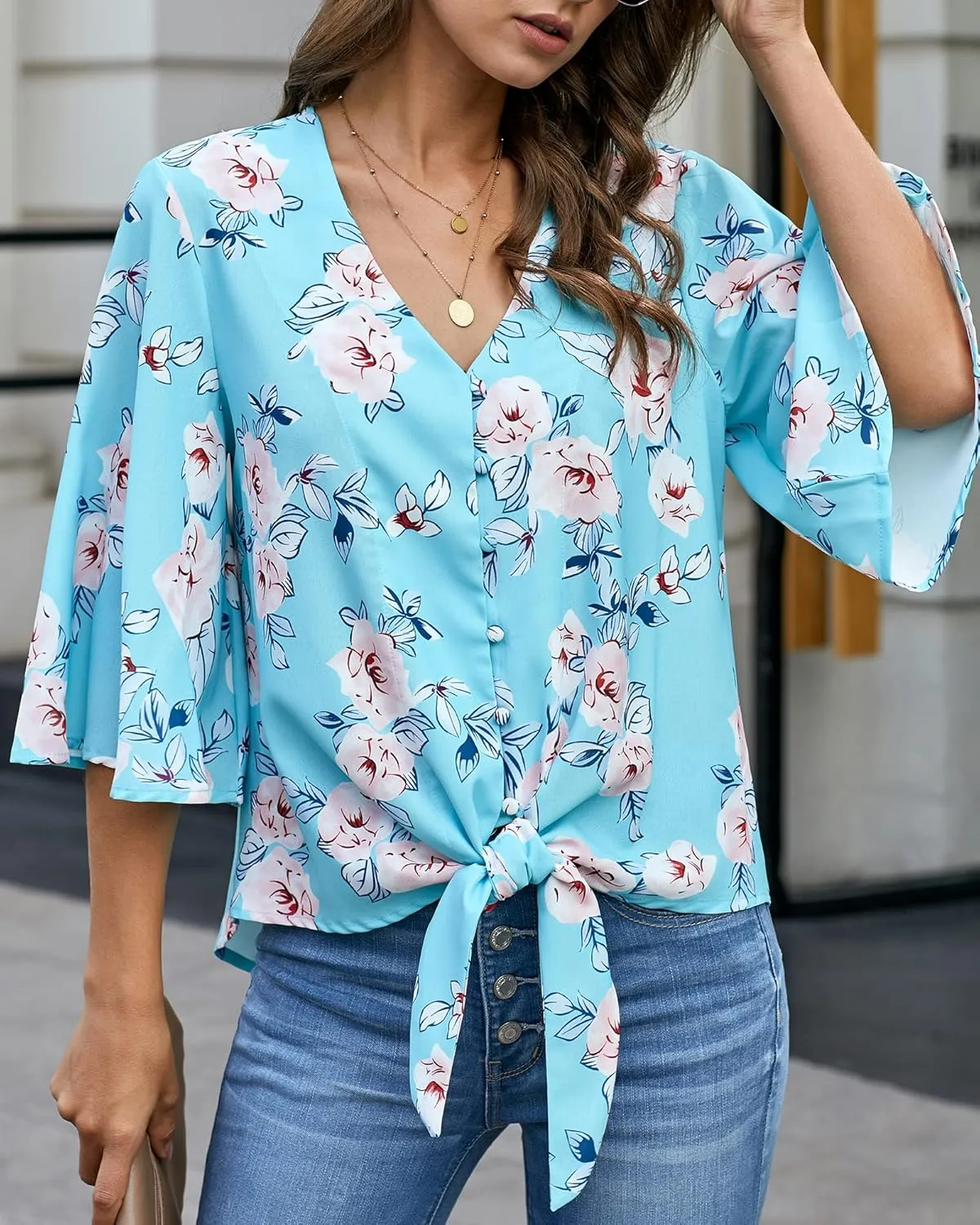 luvamia Women's V Neck Tops 3/4 Sleeve Tie Knot Floral Blouses Button Down Shirts