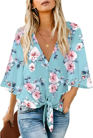 luvamia Women's V Neck Tops 3/4 Sleeve Tie Knot Floral Blouses Button Down Shirts